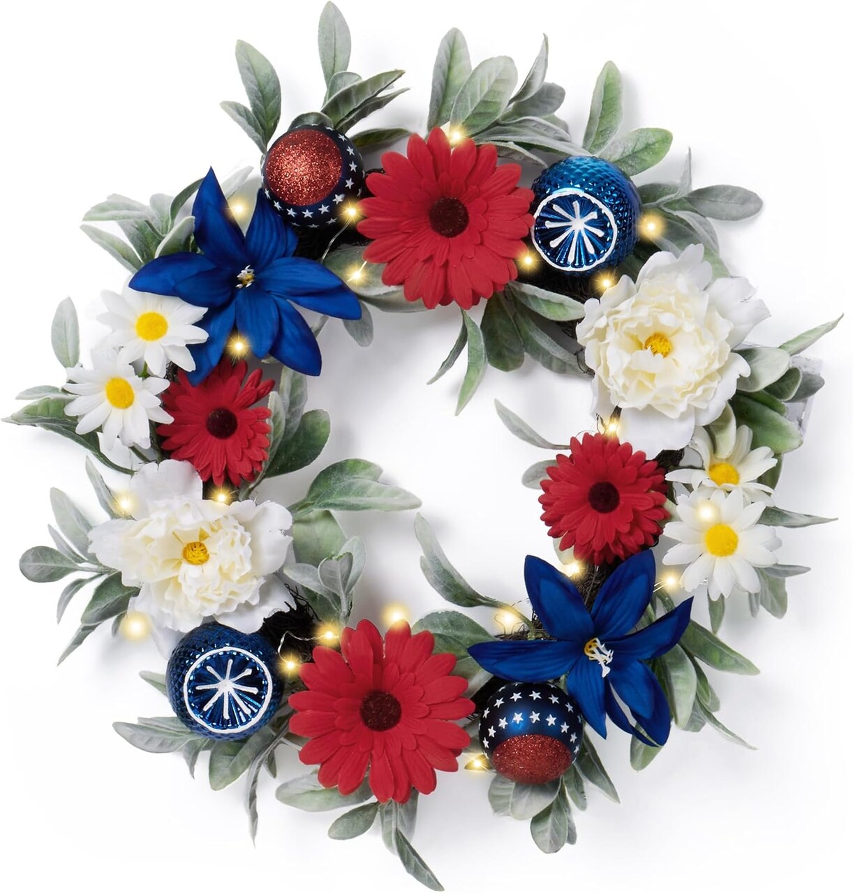 Patriotic Wreath for Front Door with Lights,20'' Red White Blue 4th of July Wreath for Memorial Day Decorations,Floral with Ball Ornament for Independence Day Americana Decor
